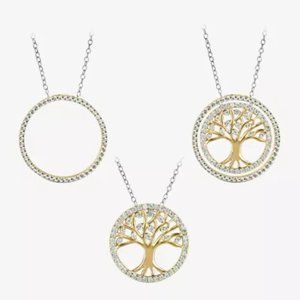 NIB TREE OF LIFE 18K GOLD OVER SILVER 3-IN-1 CUBIC ZIRCONIA NECKLACE